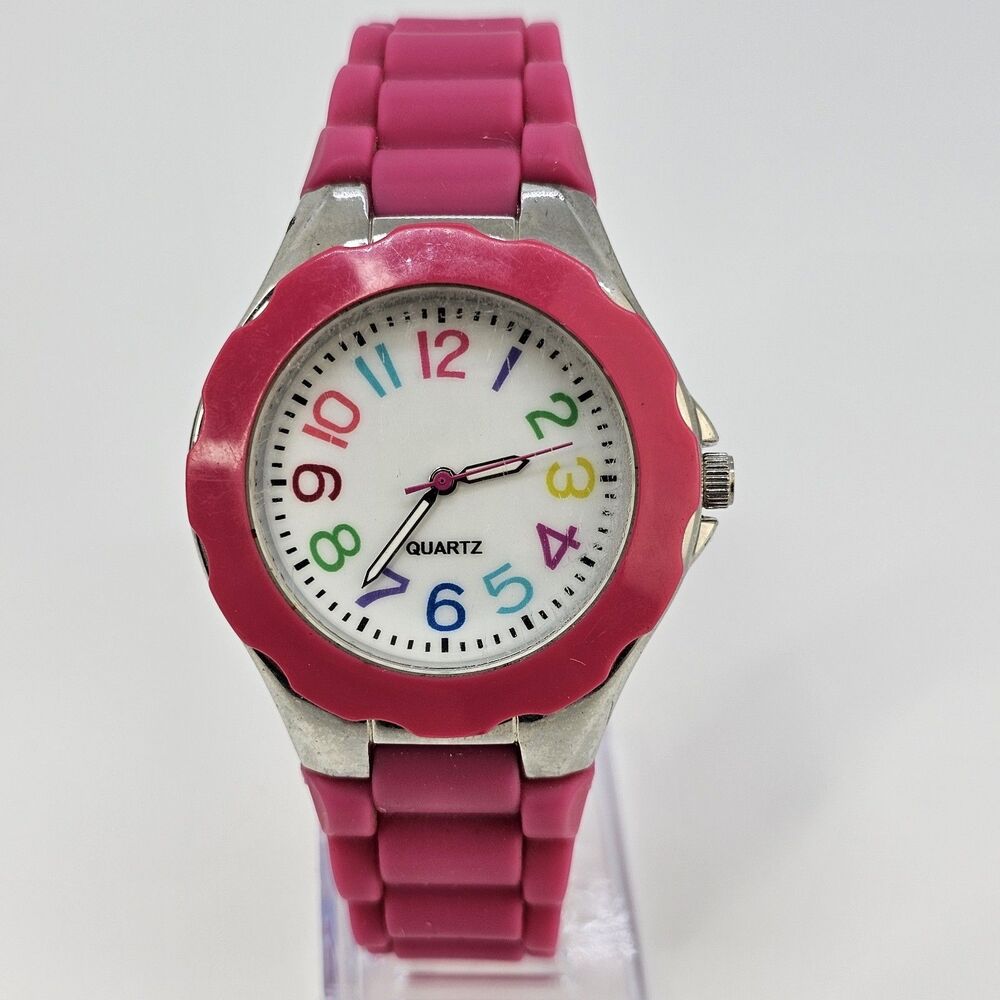 40MM Women's Watch White Dial‎ Pink Bezel Pink Plastic Bands New Battery